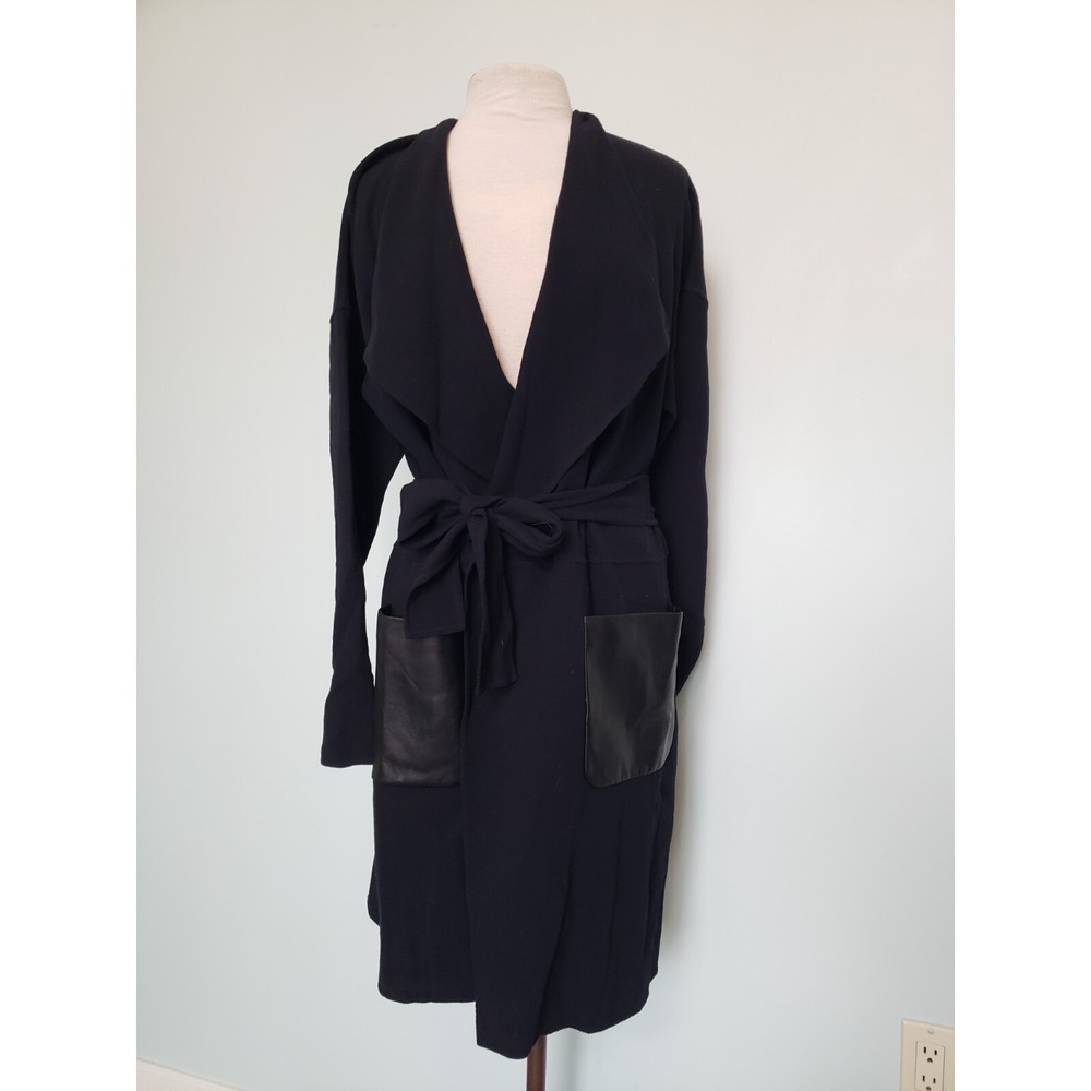 Apostrophe Womens 42 L 100% Wool Coat Belted Lambskin‎ Leather Pockets Dark Navy